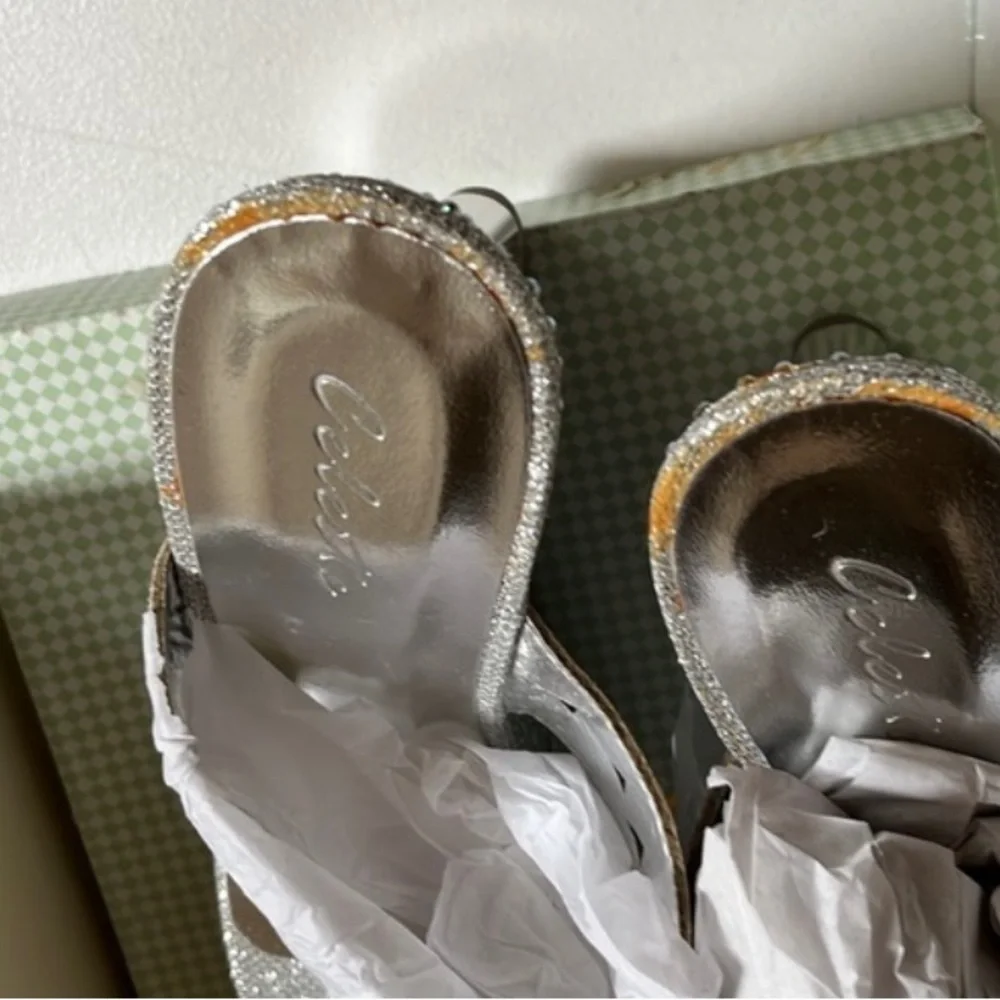 Celeste size 10 silver embellished sandal Extra sequins 3.5”wedge heel